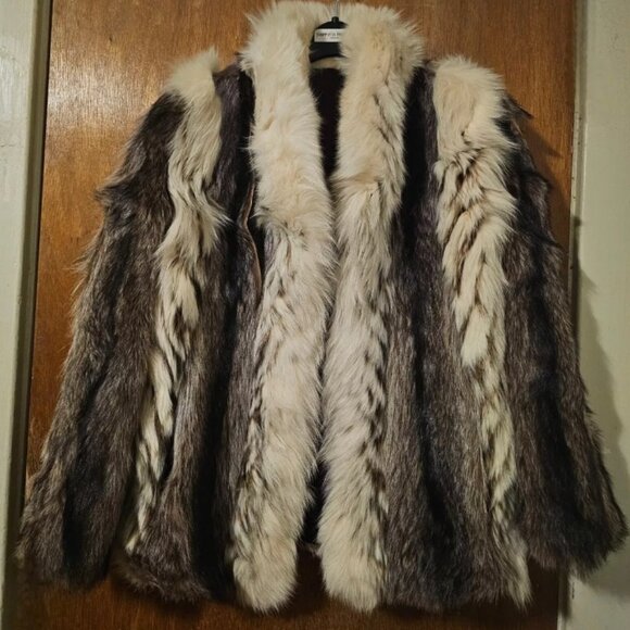 Vintage Raccoon and Arctic White with Black and Gold Chevron Tipping Fox Coat